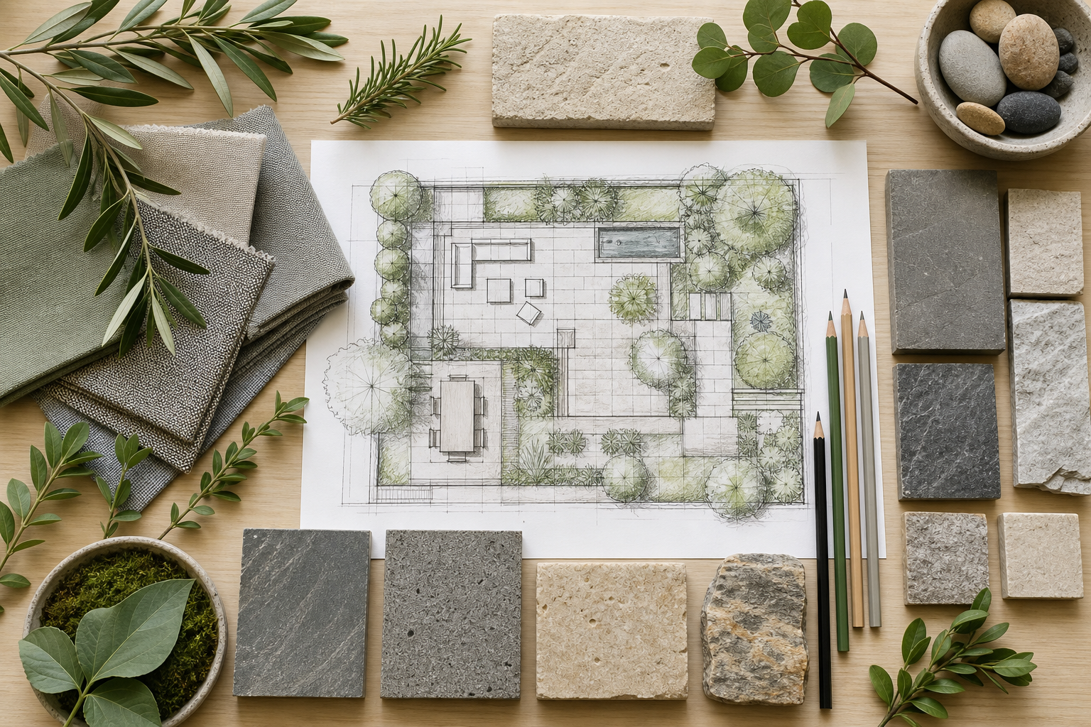 Moodboard di progetto: campioni di pietra, piante e disegni